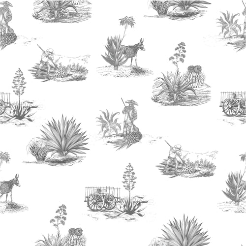Toile style images of agave cactus and historic tequila workers