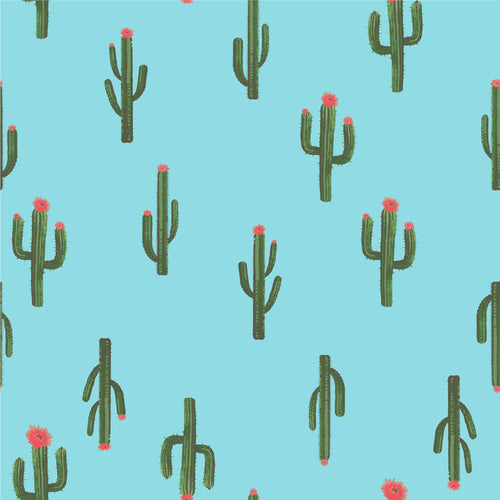 Whimsical blooming saguaros, right side up and upside down