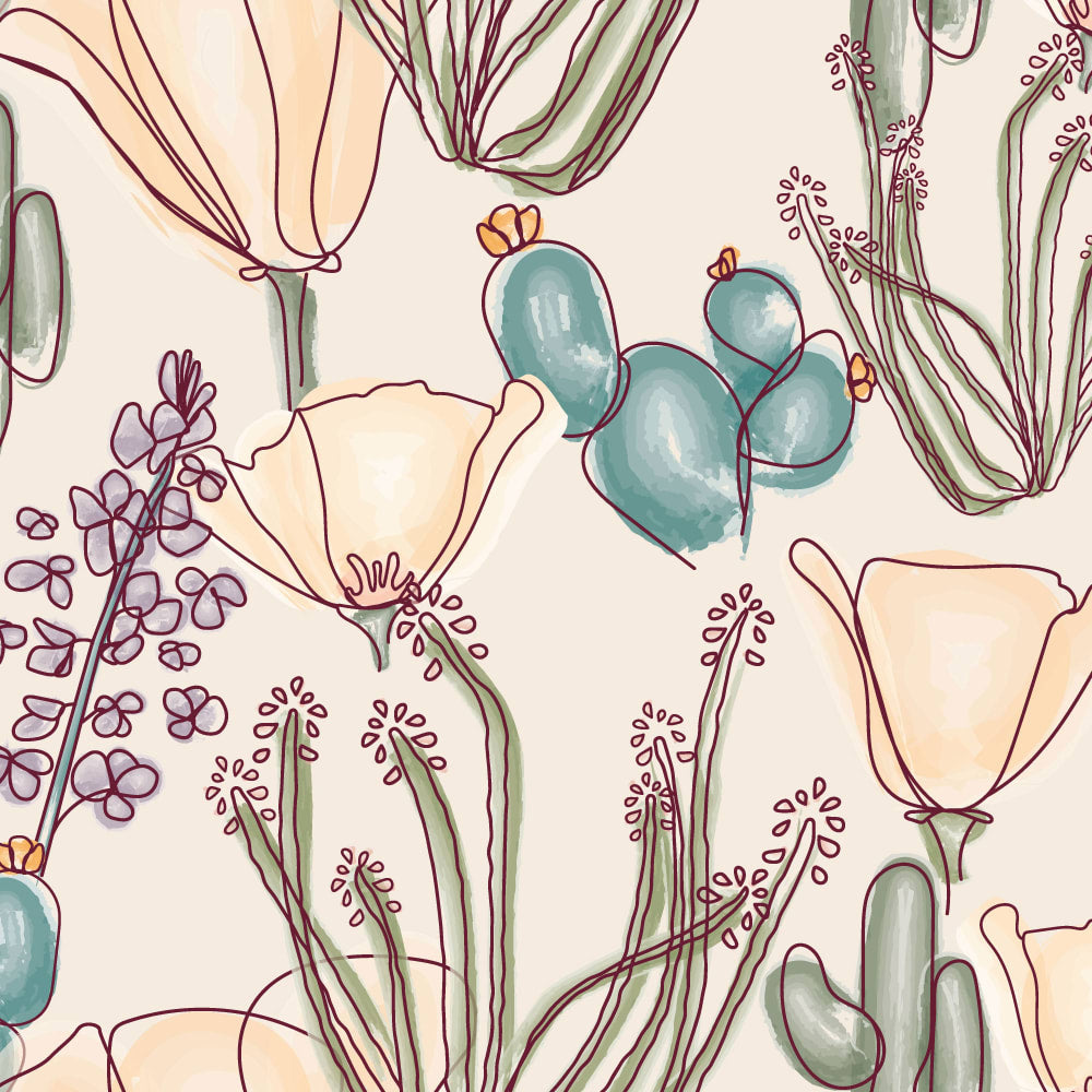 Blooming Sketch hand drawn wallpaper pattern in peach