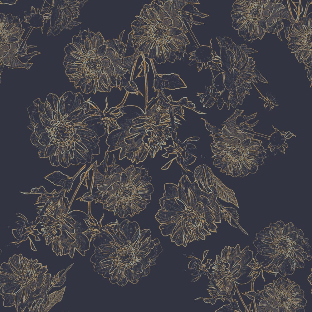 Gold dahlia clusters on a navy blue background full scale wallpaper