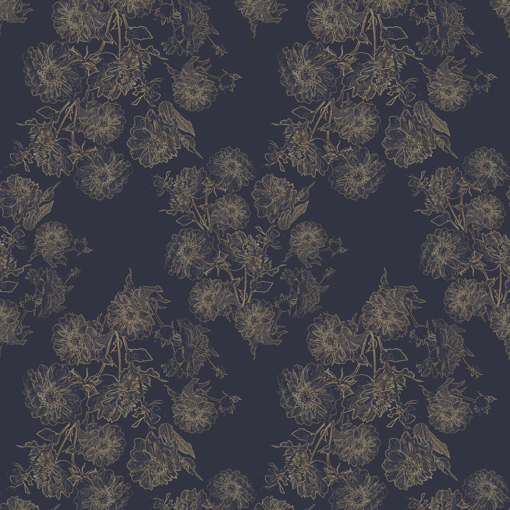 Gold dahlia clusters on a navy blue background half scale wallpaper