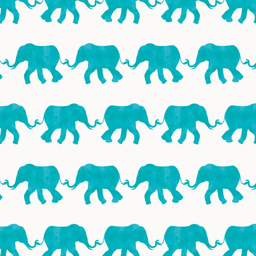 Cute drawn elephants on parade in neat rows, in turquoise color