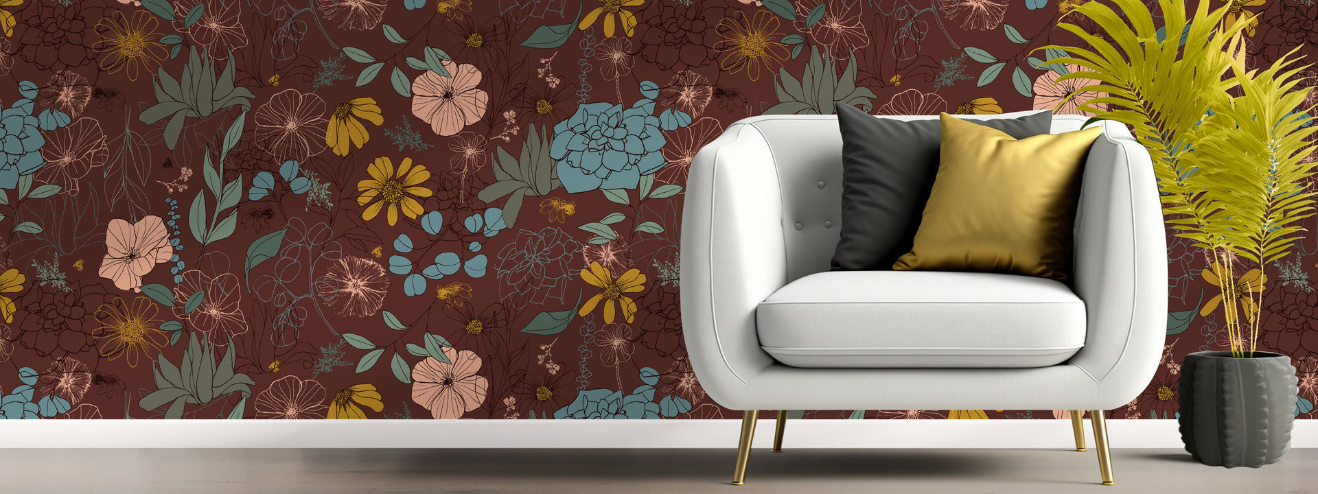 Garden Party, a hand drawn floral wallpaper in a shade of brunette shown in a modern room