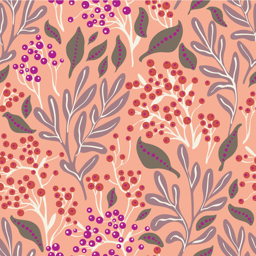 Bright fantastical berry bushes with ripe berries, in orange, red, purple and more
